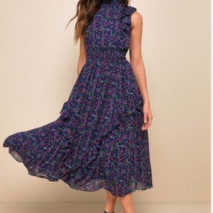 Lulus Evalina Navy Blue Floral Print Mock Neck Midi Dress